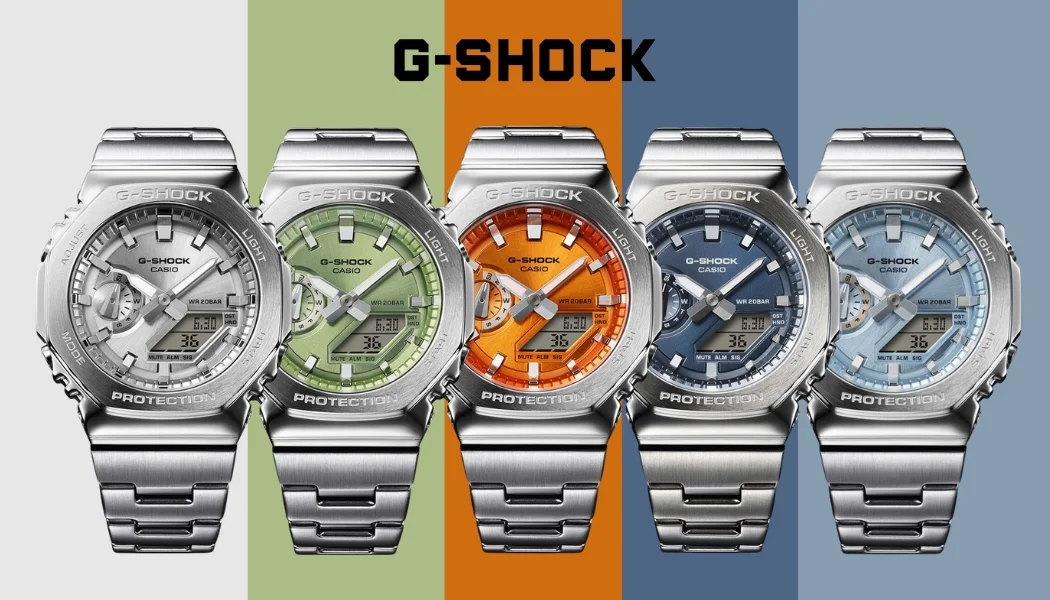 Casio G-Shock klockor med färgade urtavlor och matchande bakgrund