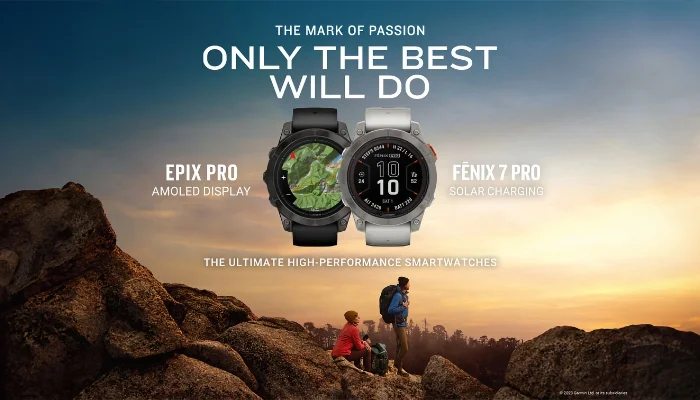Smartwatch från Garmin fenix och Garmin epix med två personer på ett berg med solnedgång i bakgrunden