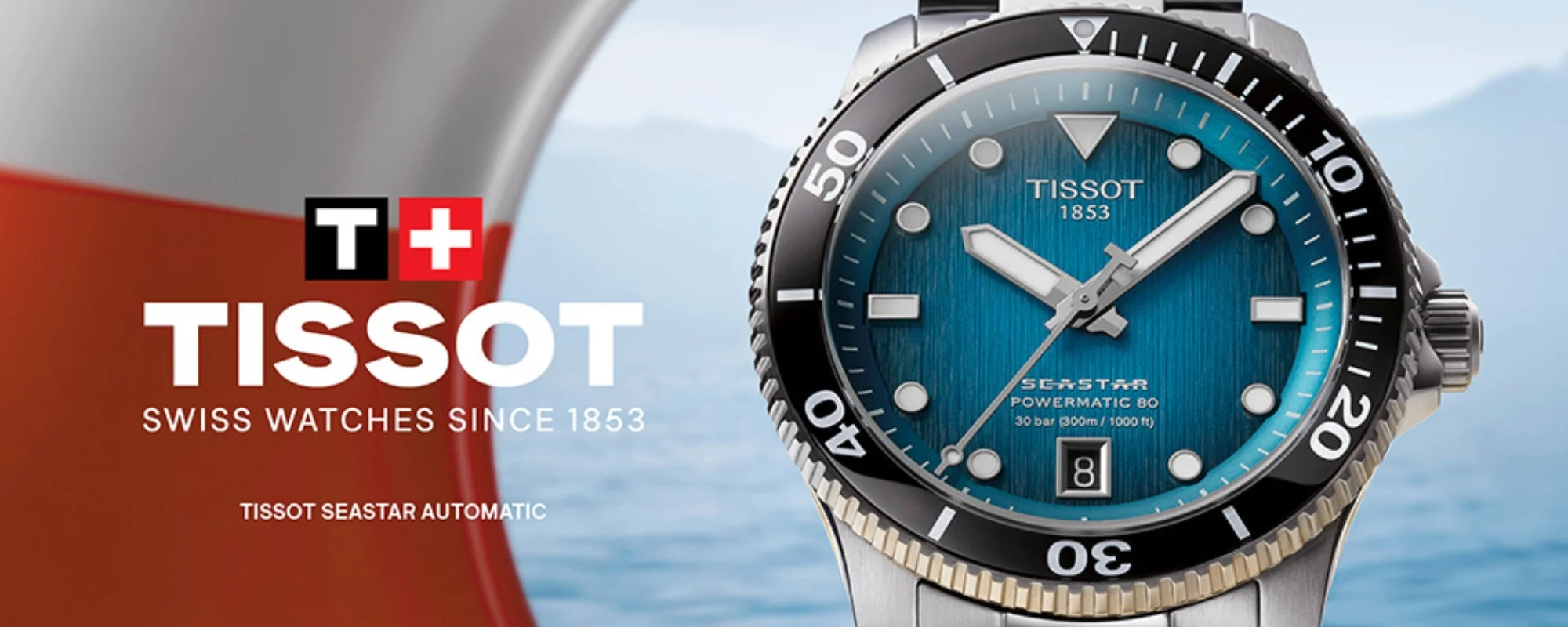 Vattentät klocka från Tissot Seastar med automatverk, blå tavla, datum och armband i rostfritt stål